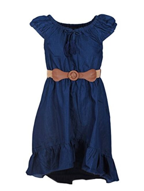 dollhouse Girls Dress Belted Cap Sleeve Boho Denim Peasant Jean Dress (7-16)