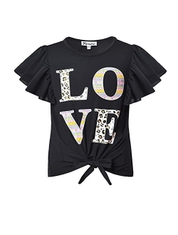 Mirawise Girl's Short Ruffle Sleeve Summer Crop Top Tie Front Knot Tops Tee T Shirt 4-13Y