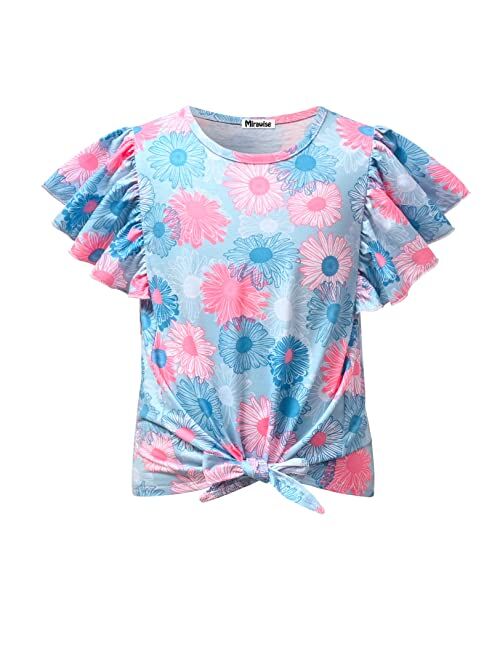 Mirawise Girl's Short Ruffle Sleeve Summer Crop Top Tie Front Knot Tops Tee T Shirt 4-13Y