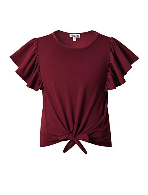 Mirawise Girl's Short Ruffle Sleeve Summer Crop Top Tie Front Knot Tops Tee T Shirt 4-13Y