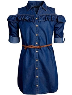 dollhouse Girls Dress High-Low Belted Short Sleeve Chambray Denim Jean Dress