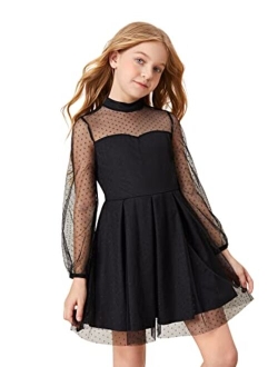 Girl's Contrast Mesh Long Sleeve Mock Neck High Waist Flared A Line Dress