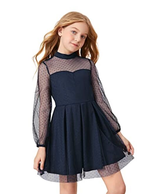 SOLY HUX Girl's Contrast Mesh Long Sleeve Mock Neck High Waist Flared A Line Dress