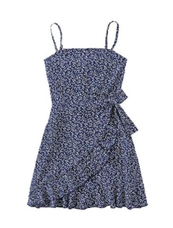 Girl's Ditsy Floral Cami Dress Spaghetti Strap Ruffle Trim Tie Side Mini Dress