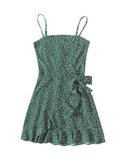 Girl's Ditsy Floral Cami Dress Spaghetti Strap Ruffle Trim Tie Side Mini Dress