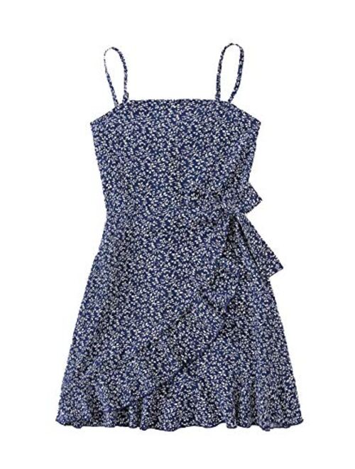 Milumia Girl's Ditsy Floral Cami Dress Spaghetti Strap Ruffle Trim Tie Side Mini Dress