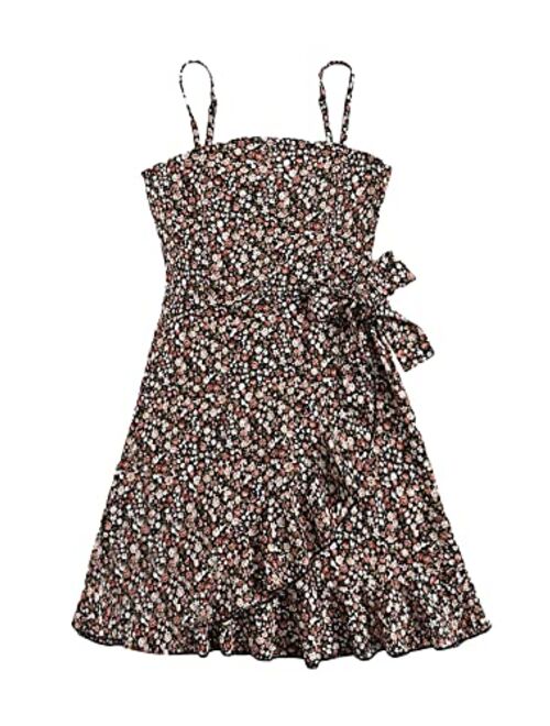 Milumia Girl's Ditsy Floral Cami Dress Spaghetti Strap Ruffle Trim Tie Side Mini Dress