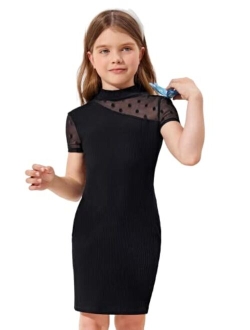 Girl's Contrast Mesh Sheer Short Sleeve Mock Neck Ribbed Knit Pencil Dress