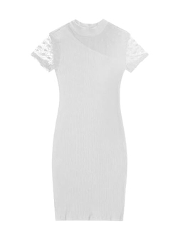 Girl's Contrast Mesh Sheer Short Sleeve Mock Neck Ribbed Knit Pencil Dress