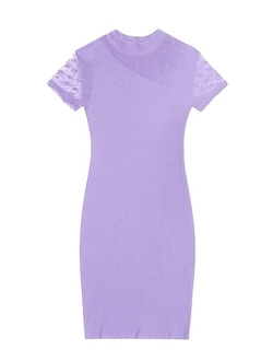 Girl's Contrast Mesh Sheer Short Sleeve Mock Neck Ribbed Knit Pencil Dress