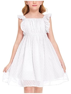 Flypigs Girls Ruffle Sleeve Swiss Dot Dress Stretchy A-Line Flutter Sleeve Casual Dress for 5-12 Years Kids