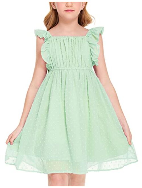 Flypigs Girls Ruffle Sleeve Swiss Dot Dress Stretchy A-Line Flutter Sleeve Casual Dress for 5-12 Years Kids