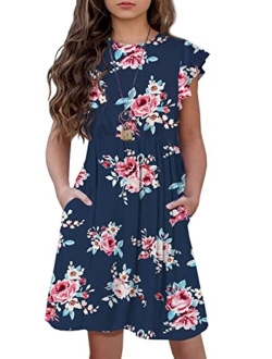 HOSIKA Girls Floral Dress Boho Ruffle Sleeve Pleated Casual Swing Dresses with Pockets for Kids 6-12 Years