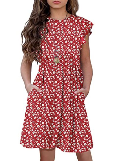 HOSIKA Girls Floral Dress Boho Ruffle Sleeve Pleated Casual Swing Dresses with Pockets for Kids 6-12 Years