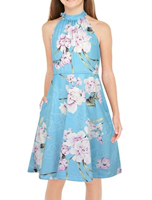 GORLYA Girl's Halter Neck Cold Shoulder Sleeveless Summer Casual Sundress A-line Dress with Pockets for 4-12 Years