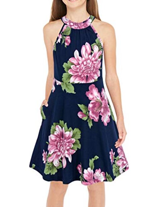 GORLYA Girl's Halter Neck Cold Shoulder Sleeveless Summer Casual Sundress A-line Dress with Pockets for 4-12 Years