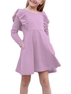 GORLYA Girl's Flutter Sleeve Stretchy A-Line Swing Flared Skater Party Dress with Pockets for 4-12 Years Kids