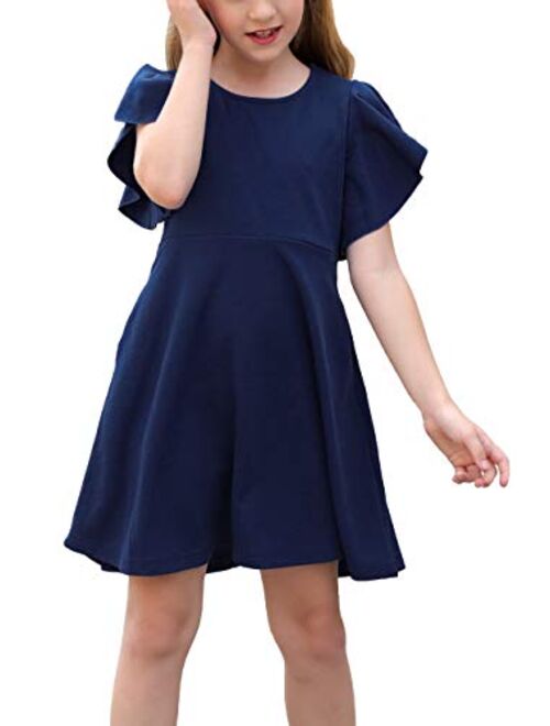 GORLYA Girl's Flutter Sleeve Stretchy A-Line Swing Flared Skater Party Dress with Pockets for 4-12 Years Kids