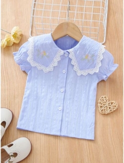 Toddler Girls Floral Embroidered Sailor Collar Puff Sleeve Blouse