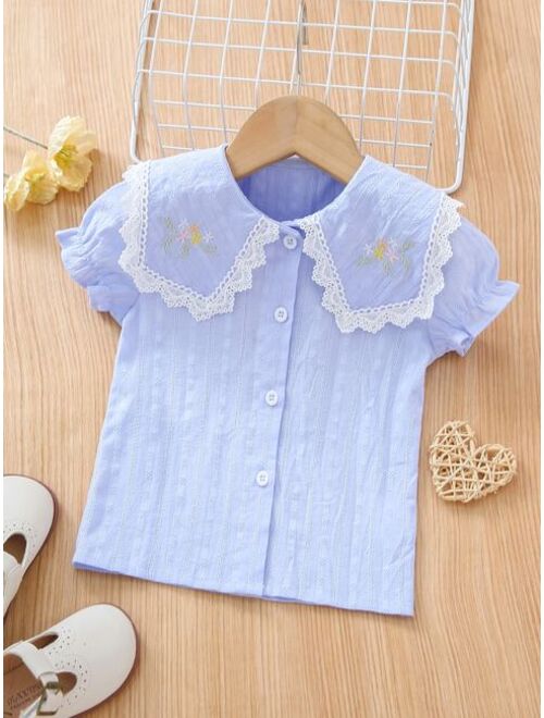 Shein Toddler Girls Floral Embroidered Sailor Collar Puff Sleeve Blouse