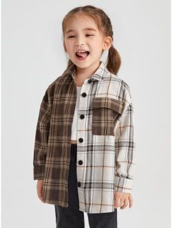 Toddler Girls Two Tone Plaid Flap Pocket Drop Shoulder Blouse