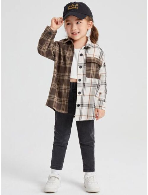 SHEIN Toddler Girls Two Tone Plaid Flap Pocket Drop Shoulder Blouse