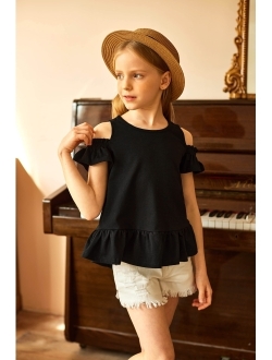 Girls T-Shirts Short Sleeve with Cold Shoulder Ruffle Hem Blouse Cute Floral Print Tee Tops