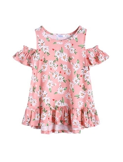 Girls T-Shirts Short Sleeve with Cold Shoulder Ruffle Hem Blouse Cute Floral Print Tee Tops