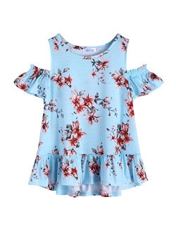 Girls T-Shirts Short Sleeve with Cold Shoulder Ruffle Hem Blouse Cute Floral Print Tee Tops