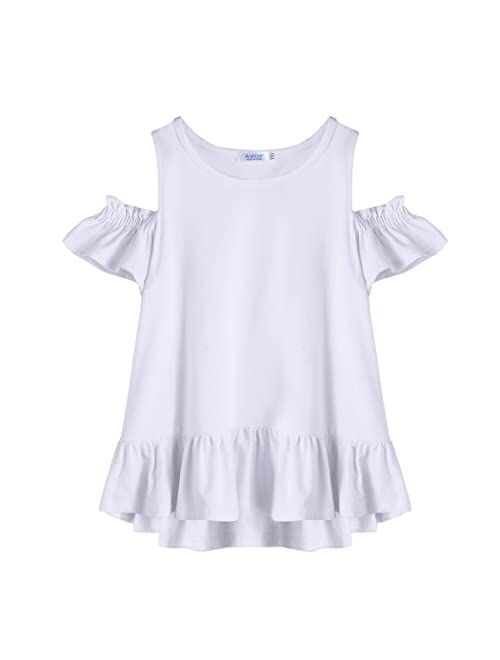 Arshiner Girls T-Shirts Short Sleeve with Cold Shoulder Ruffle Hem Blouse Cute Floral Print Tee Tops