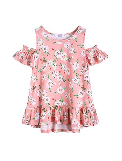 Arshiner Girls T-Shirts Short Sleeve with Cold Shoulder Ruffle Hem Blouse Cute Floral Print Tee Tops