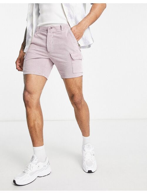 ASOS DESIGN slim cord shorts with cargo pockets in acid wash purple