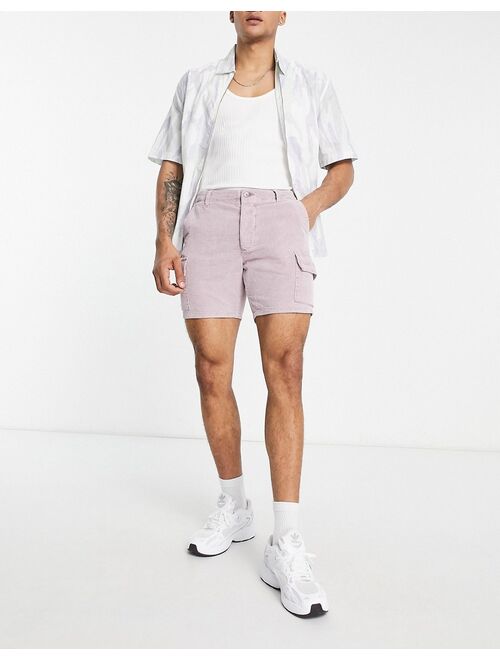 ASOS DESIGN slim cord shorts with cargo pockets in acid wash purple