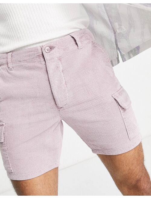 ASOS DESIGN slim cord shorts with cargo pockets in acid wash purple