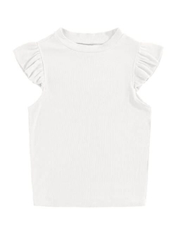 Kids Girl's Crew Neck Sleeveless Tops Ruffle Trim Solid Color Cute T-Shirt Blouse Pullover 5-14 Years