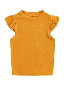 Kids Girl's Crew Neck Sleeveless Tops Ruffle Trim Solid Color Cute T-Shirt Blouse Pullover 5-14 Years