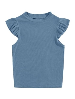 Kids Girl's Crew Neck Sleeveless Tops Ruffle Trim Solid Color Cute T-Shirt Blouse Pullover 5-14 Years