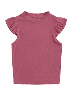 Kids Girl's Crew Neck Sleeveless Tops Ruffle Trim Solid Color Cute T-Shirt Blouse Pullover 5-14 Years