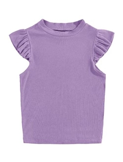Kids Girl's Crew Neck Sleeveless Tops Ruffle Trim Solid Color Cute T-Shirt Blouse Pullover 5-14 Years