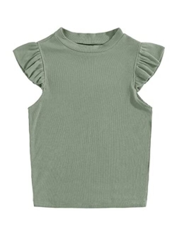 Kids Girl's Crew Neck Sleeveless Tops Ruffle Trim Solid Color Cute T-Shirt Blouse Pullover 5-14 Years