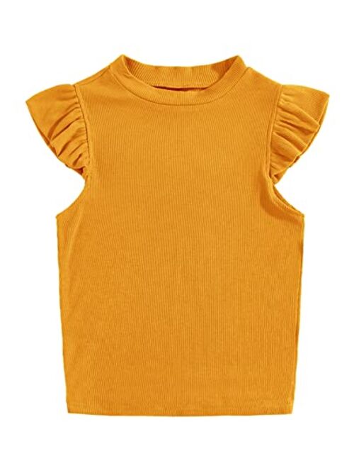 Meilidress Kids Girl's Crew Neck Sleeveless Tops Ruffle Trim Solid Color Cute T-Shirt Blouse Pullover 5-14 Years