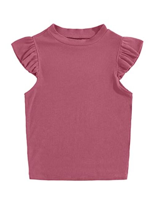 Meilidress Kids Girl's Crew Neck Sleeveless Tops Ruffle Trim Solid Color Cute T-Shirt Blouse Pullover 5-14 Years