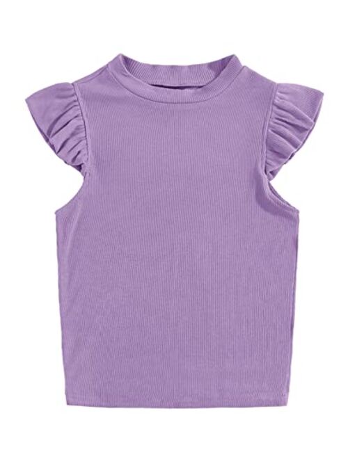 Meilidress Kids Girl's Crew Neck Sleeveless Tops Ruffle Trim Solid Color Cute T-Shirt Blouse Pullover 5-14 Years