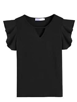 Hopeac Girls Shirts Short Sleeve Tee Ruffle Solid Summer Keyhole Neck Cotton Blouse Tops