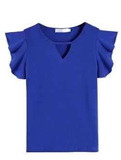 Hopeac Girls Shirts Short Sleeve Tee Ruffle Solid Summer Keyhole Neck Cotton Blouse Tops