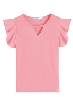 Hopeac Girls Shirts Short Sleeve Tee Ruffle Solid Summer Keyhole Neck Cotton Blouse Tops