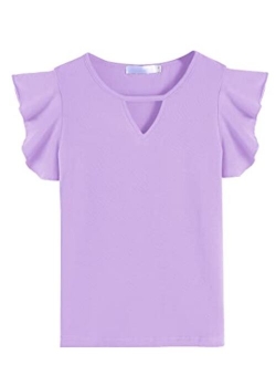 Hopeac Girls Shirts Short Sleeve Tee Ruffle Solid Summer Keyhole Neck Cotton Blouse Tops