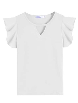 Hopeac Girls Shirts Short Sleeve Tee Ruffle Solid Summer Keyhole Neck Cotton Blouse Tops