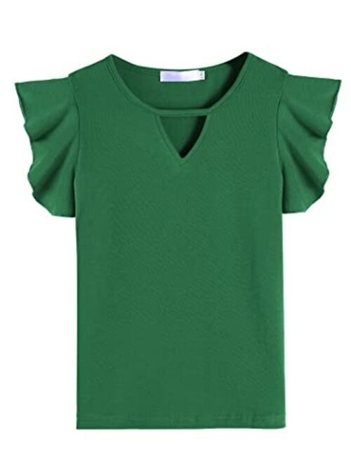 Hopeac Girls Shirts Short Sleeve Tee Ruffle Solid Summer Keyhole Neck Cotton Blouse Tops