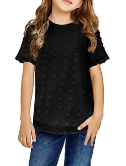 Girls Short Sleeve Chiffon Blouses Casual Round Neck Tee Shirts Loose Tops